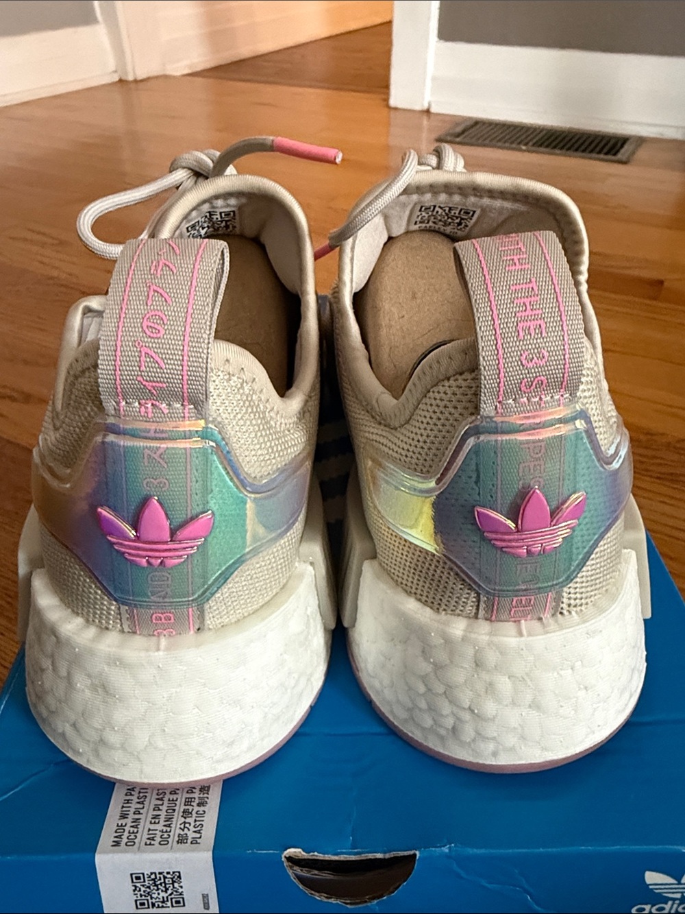 adidas NMD_R1 W Beige Knit Sneakers with Pink & Iridescent Details - Picture 2 of 6